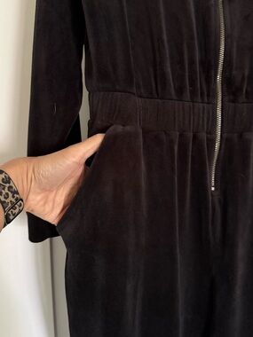Black Velour Zip-Front Jumpsuit with Elastic Waist